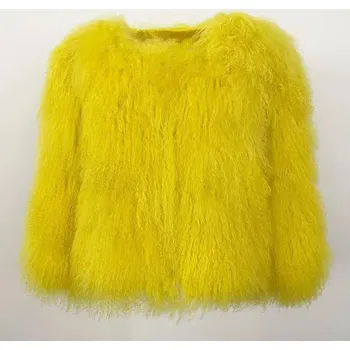 Dámská parka Dámský huňatý kabát z pravé tibetské ovčí kožešiny Barva: Žlutá, Velikost: L