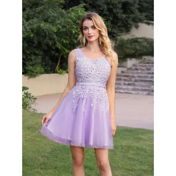 Dámské šaty Krátké tylové šaty s krajkou a výstřihem do V pro domácí oslavy Barva: Lilová, Velikost: XL