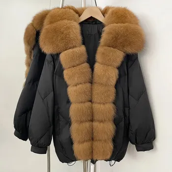 Dámská parka Krátká péřová bunda s pravou kožešinou a kapucí pro zimní období Velikost: S, Barva (Varianta): Černá