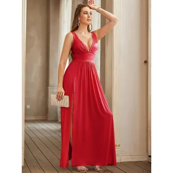 Dámské šaty Dlouhé černé šaty s výstřihem do V a rozparkem pro elegantní večery Barva: Červená, Velikost: L