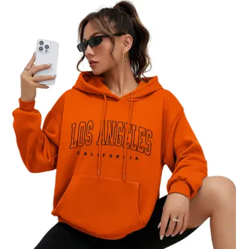 Dámské oblečení Dámská mikina s kapucí a kapsami Jednobarevná mikina z polyesteru s nápisem Los Angeles Stylový volnočasový svršek v různých barvách oranžová M
