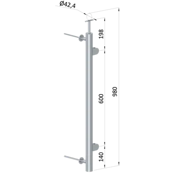 Zábradlí Nerezový sloup, boční kotvení, výplň: sklo, pravý, vrch pevný, (ø42.4x2 mm), broušená nerez K320 /AISI304