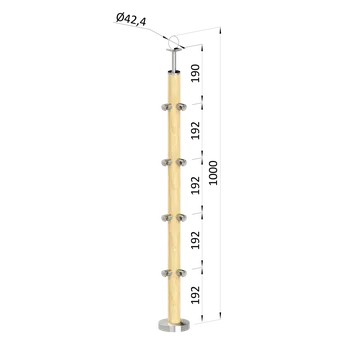 Zábradlí Dřevěný sloup, vrchní kotvení, 4 řadový, rohový: 90°, vrch pevný (ø42 mm), materiál: buk, broušený povrch bez nátěru
