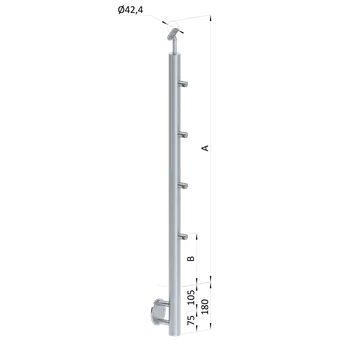 Zábradlí Nerezový sloup, boční kotvení, 4 řadový průchodný, venkovní, vrch nastavitelný (ø 42,4x2 mm), broušená nerez K320 / AISI316