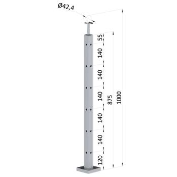 Zábradlí Nerezový sloup, vrchní kotvení, 6 děrový rohový, vrch pevný (40x40mm), broušená nerez K320 /AISI304