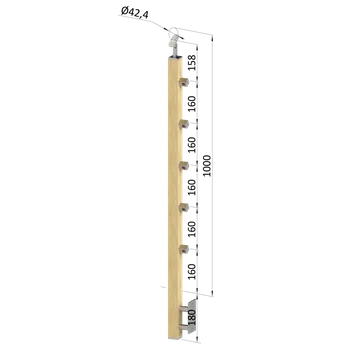 Dřevěný sloup, boční kotvení, 5 řadový, průchozí, vnitřní, vrch nastavitelný (40x40mm), materiál: buk, broušený povrch s nátěrem BORI (bezbarvý)