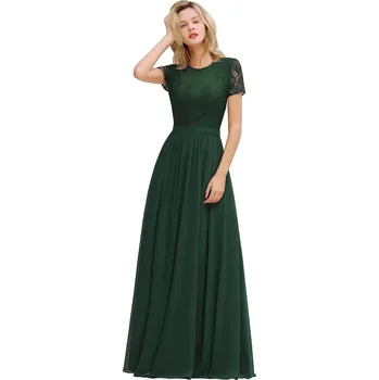 Dámské šaty Dlouhé krajkové šaty s páskem a kulatým výstřihem pro svatební oslavy Barva: Tmavě Zelená, Velikost: XS