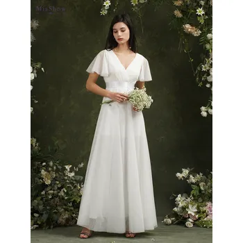 Dámské šaty Jednoduché svatební šaty s výstřihem do V a páskem pro plážové obřady Barva: Krémová, Velikost: 3XL