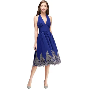 Dámské šaty Krátké vyšívané šaty s halter výstřihem a odhalenými zády Barva: Safírová, Velikost: XS