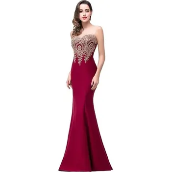 Dámské šaty Dlouhé šaty se zlatými aplikacemi a krajkovým živůtkem pro slavnosti Barva: Bordová, Velikost: 3XL