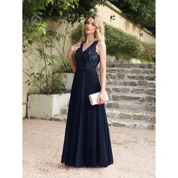 Dámské šaty Dlouhé šaty s krajkou a výstřihem – vhodné na svatbu Barva: Tmavě Modrá, Velikost: L