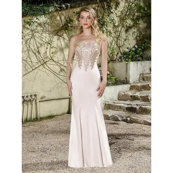 Dámské šaty Elegantní přiléhavé šaty s krajkovými aplikacemi a průhledným topem Barva: Krémová, Velikost: 2XL