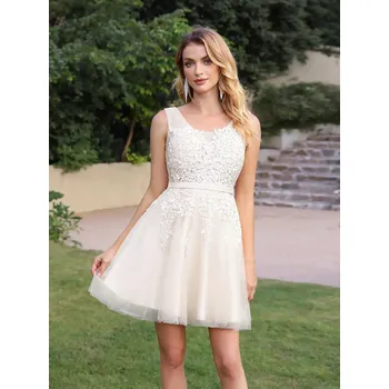 Dámské šaty Krátké tylové šaty s krajkovými aplikacemi a šněrováním na zádech Barva: Krémová, Velikost: XL