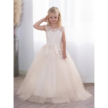 Dívčí šaty Dívčí tylové šaty s krajkou a vlečkou pro svatební a slavnostní den Barva: Šampaňská, Velikost: 5