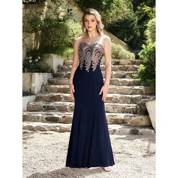 Dámské šaty Dlouhé krajkové šaty v mořském střihu s odhalenými zády pro formální akce Barva: Tmavě Modrá, Velikost: L