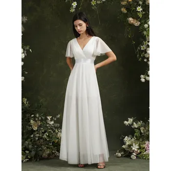 Dámské šaty Dlouhé šifonové šaty s volánkovými rukávy pro svatební oslavy Barva: Krémová, Velikost: XS