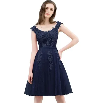 Dámské šaty Krátké perlové šaty s krajkovým živůtkem a kulatým výstřihem pro oslavy Barva: Tmavě Modrá, Velikost: S