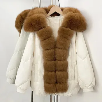 Dámská parka Krátká péřová bunda s pravou kožešinou a kapucí pro zimní období Velikost: M, Barva (Varianta): Beige khaki