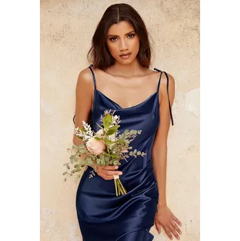 Dámské šaty Saténové midi šaty s tenkými ramínky a rozparkem pro večerní akce Barva: Tmavě Modrá, Velikost: 4XL