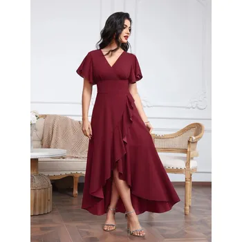 Dámské šaty Asymetrické šaty s volány a rozparkem pro společenské příležitosti Barva: Bordová, Velikost: L