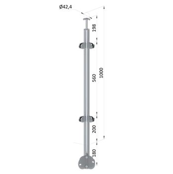 Zábradlí Nerezový sloup, boční kotvenií rohové, výplň: sklo, rohový, vrch pevný, (ø 42.4x2mm), broušená nerez K320 /AISI304
