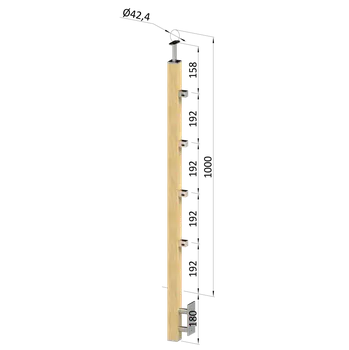 Dřevěný sloup, boční kotvení, 4 řadový, průchozí, vnitřní, vrch pevný (40x40 mm), materiál: buk, broušený povrch s nátěrem BORI (bezbarvý)