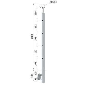 Zábradlí Nerezový sloup, boční kotvení, 4 děrový koncový, levý, vrch pevný (ø42,4x2 mm), broušená nerez K320 / AISI316