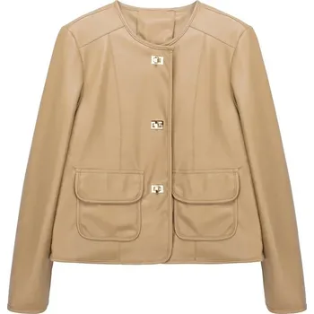 Dámský křivák Krátká koženková bunda s přezkou v moderním městském stylu Barva: Khaki, Velikost: L