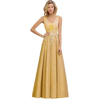 Dámské šaty Dlouhé společenské šaty s krajkou a výstřihem do V pro ples Barva: Zlatá, Velikost: L