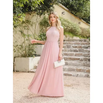 Dámské šaty Dlouhé šifonové šaty s krajkovým výstřihem a halter střihem Barva: Růžová, Velikost: 3XL