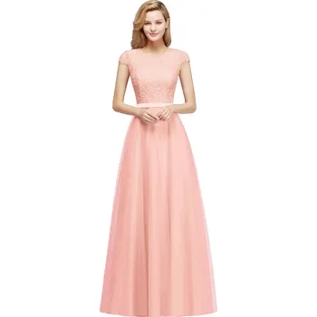 Dámské šaty Dlouhé šifonové šaty s krajkou a páskem pro družičky a ples Barva: Pudrová, Velikost: 3XL