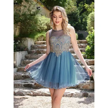 Dámské šaty Krátké koktejlové šaty s flitrovými aplikacemi pro večírky a plesy Barva: Modrá, Velikost: L