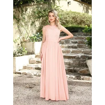 Dámské šaty Dlouhé šifonové šaty s krajkovým živůtkem a průsvitnými zády pro družičky Barva: Růžová, Velikost: S