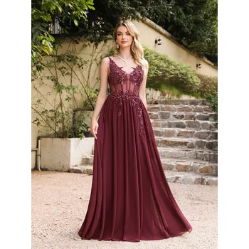 Dámské šaty Elegantní večerní šaty s korálky a ramínky pro společenské akce Barva: Bordová, Velikost: S