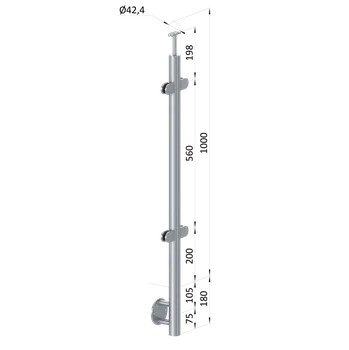 Zábradlí Nerezový sloup, boční kotvení, výplň: sklo, průchozí, vrch pevný (ø42,4x2 mm), broušená nerez K320 / AISI304