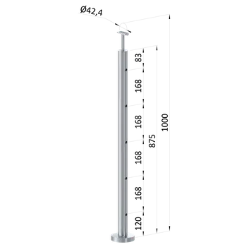 Nerezový sloup, vrchní kotvení, 5 děrový průchozí, vrch pevný (ø 42.4x2mm), broušená nerez K320 /AISI304