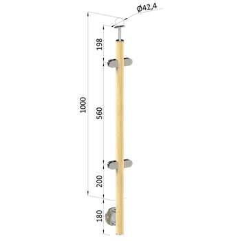 Dřevěný sloup, boční kotvení, výplň: sklo, průchozí, vrch pevný (ø42 mm), materiál: buk, broušený povrch bez nátěru