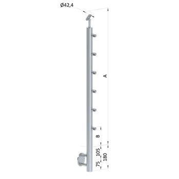 Zábradlí Nerezový sloup, boční kotvení, 6 řadový průchodný, venkovní, vrch nastavitelný (ø 42,4x2 mm), broušená nerez K320 / AISI316
