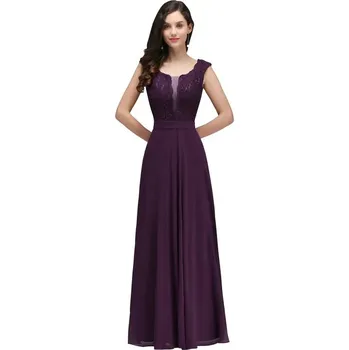 Dámské šaty Dlouhé šifonové šaty s krajkovými detaily a áčkovým střihem pro večer Barva: Fialová, Velikost: XS