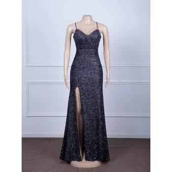 Dámské šaty Flitrované šaty s výstřihem do V a rozparkem pro večerní události Barva: Tmavě Modrá, Velikost: L