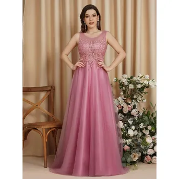 Dámské šaty Krajkové tylové šaty s flitry a perličkami v áčkovém střihu pro družičky Barva: Růžová, Velikost: 3XL