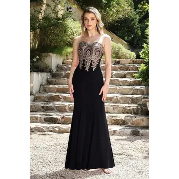 Dámské šaty Dlouhé tylové šaty v mořském střihu se zlatou krajkou pro elegantní večerní události Barva: Černá, Velikost: 3XL