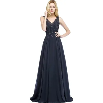 Dámské šaty Dlouhé šifonové šaty s krajkovým živůtkem a krystaly pro slavnostní večery Barva: Tmavě Modrá, Velikost: S
