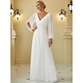 Dámské šaty Jednoduché šifonové svatební šaty s dlouhými rukávy a aplikací Velikost: 3XL, Barva (Varianta): Krémová