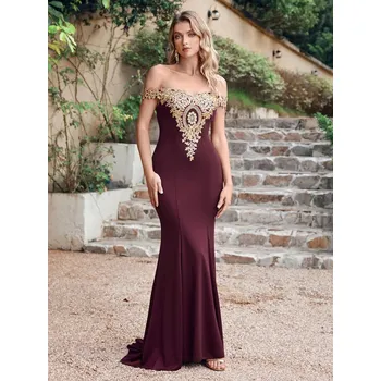 Dámské šaty Dlouhé krajkové šaty v mořském střihu s odhalenými rameny pro formální akce Barva: Bordová, Velikost: 4XL