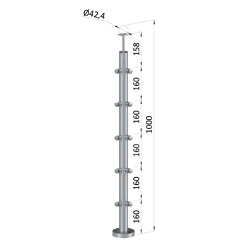 Zábradlí Nerezový sloup, vrchní kotvení, 5 řadový rohový: 90°, vrch pevný (ø42,4x2 mm), broušená nerez K320 / AISI316