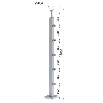 Zábradlí Nerezový sloup, vrchní kotvení, 5 řadový průchodný, vrch pevný,(40x40 mm), broušená nerez K320 / AISI304