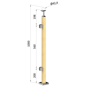 Dřevěný sloup, vrchní kotvení, výplň: sklo, levý, vrch pevný (40x40mm), materiál: buk, broušený povrch bez nátěru