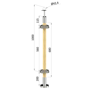 Zábradlí Dřevěný sloup, vrchní kotvení, výplň: sklo, rohový, vrch pevný (ø 42mm), materiál: buk, broušený povrch s nátěrem BORI (bezbarvý)