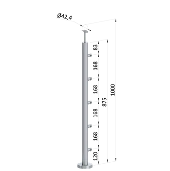 Nerezový sloup, vrchní kotvení, 5 řadový průchozí, vrch pevný (ø 42.4x2mm), broušená nerez K320 /AISI304